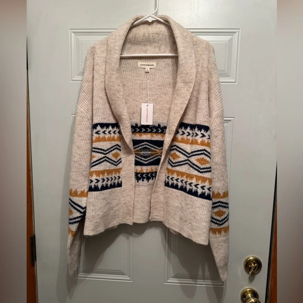 Lucky Brand NWT Shawl Open Cardigan Aztec Southwest Navy Gold Cream sz. Large - Picture 1 of 4